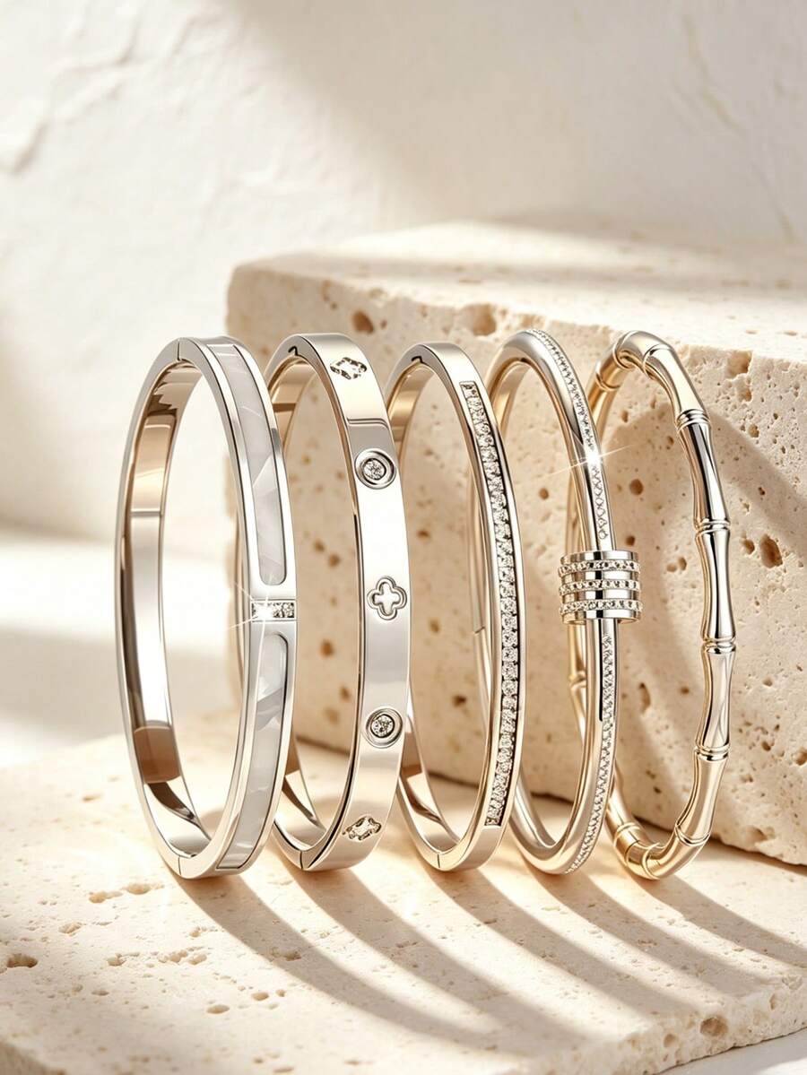 5PCS Fashion Minimalist Style Stainless Steel Women's Bracelet With Four-Leaf Flower Glass Inlay Decoration, Suitable For Women's Daily Life, Work Commute Or Travel - Set1 5PCS - View 1