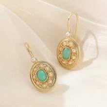 Vintage Copper Handmade Carved Earrings, Inlaid With Faux Turquoise, Women's Bohemian Style Ear Jewelry - Gold - View 5