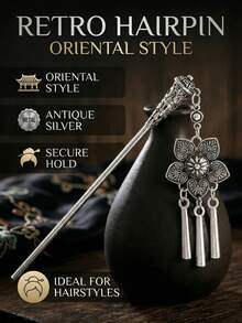 Handcrafted Alloy Hairpin With Dangling Tassels & Floral Design Antique Silver Tone - Silver - View 2