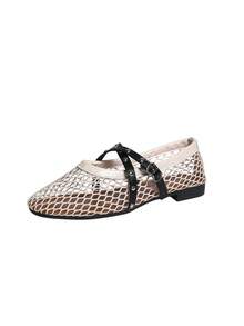 [Qishangda] Scarpe da donna con punta tonda in microfibra e rete traspirante, con cinturino singolo, piatte, taglie grandi, sandali Mary Jane in rete intrecciata, scarpe alla moda piatte con cinturino singolo e design traforato - Bianco e nero - Visualizzare 6