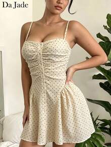 Women Sweet Casual Beige Polka Dot Mini Dress Spaghetti Strap Square Neck Front Button Ruched Waist Summer Beach Vacation Y2K Going Out Short Dress - Apricot - View 1
