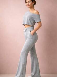 Women's Flared Pants And Comfortable Top Set - Light Grey - View 2