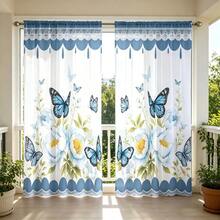 2 pezzi di tende trasparenti in stile rustico fresco, con motivo di farfalle blu e peonie bianche con bordo in pizzo. Stampa piatta 2D, permettono alla luce di filtrare e sono ideali per la decorazione estiva di finestre, sale da pranzo, soggiorni e cucine. - Multicolore - Visualizzare 9