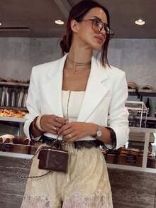 2026 Women's Commuter Elegant Solid Color Long Sleeve Lapel Single Button Right Shoulder Lace Suit Jacket White - White - View 5
