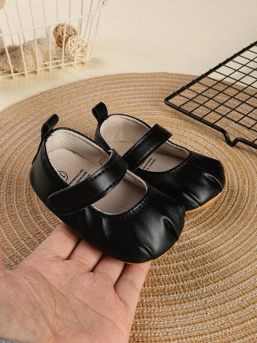 1 Pair Girls' Ruched PU Hook & Loop Design Flat Mary Jane Solid Color Casual Princess Style Shoes Suitable For Autumn - Black - View 1