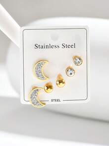 1 Set European And American Vintage Fashion Stainless Steel Micro-Inlaid Rhinestone Stud Earrings Set For Women, Daily Versatile - Multi-color a - View 8