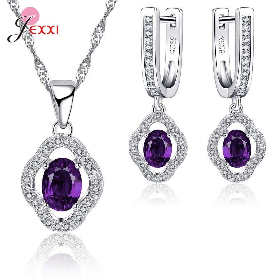 925 Sterling Silver Plating Necklace And Earring Set With Cubic Zirconia, Cross, Heart And Butterfly Design, Fashion Jewelry For Women. - 30301 - 查看 1