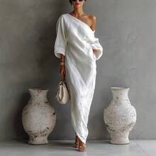 Women's One Shoulder Maxi Dress Loose Fit Batwing Sleeve Elegant Vacation Beach Dress - 白色 - 查看 5