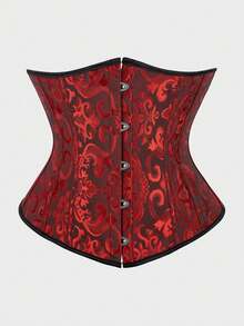Underbust Corsets For Women,Corset Belt, Women's Floral Jacquard Lace Up Under Boob Corset Slimmer Body Shaper - 黑-紅 - 查看 1