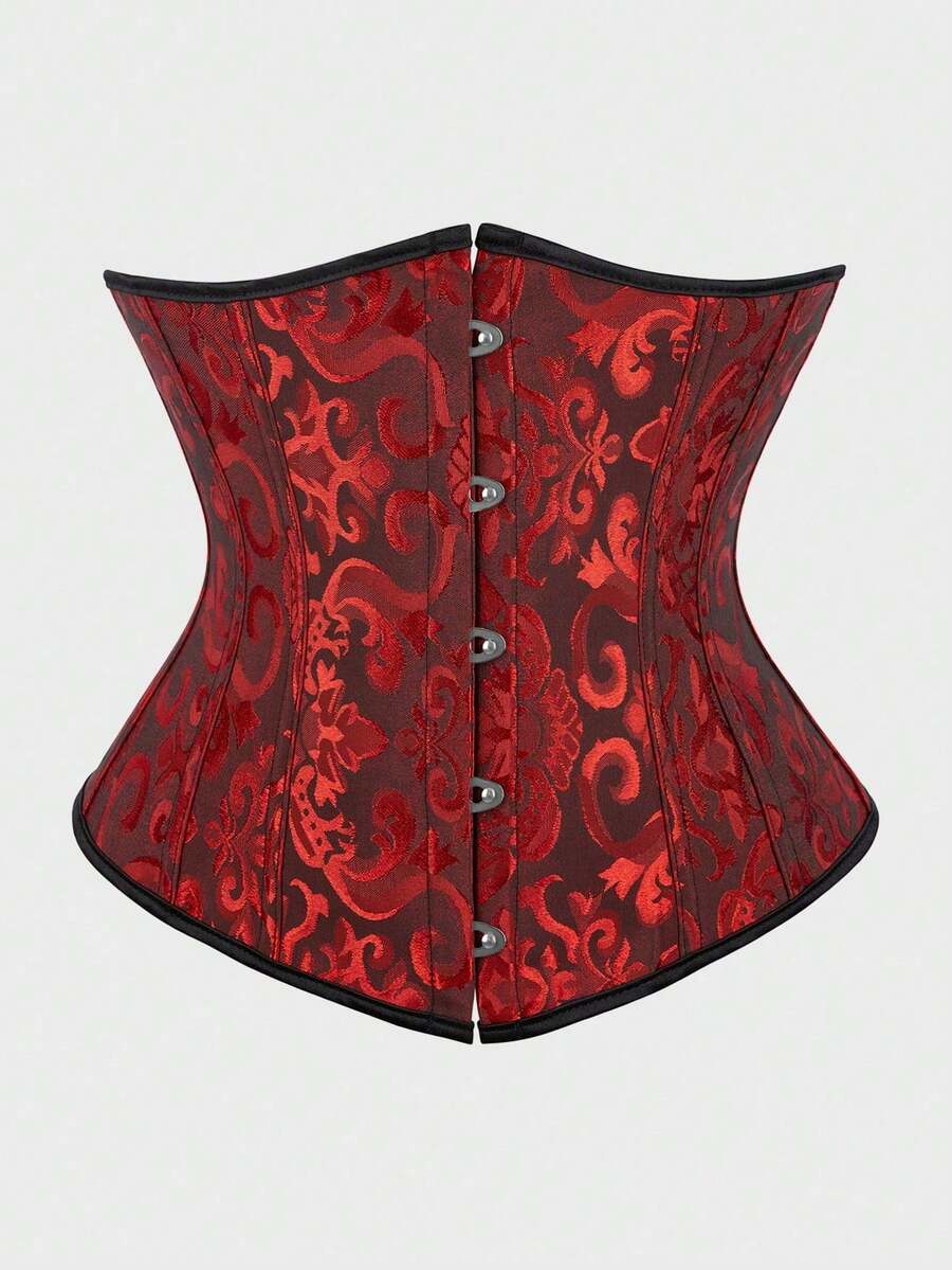 Underbust Corsets For Women,Corset Belt, Women's Floral Jacquard Lace Up Under Boob Corset Slimmer Body Shaper - 黑-紅 - 查看 1