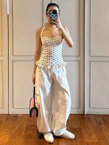 Áo tank top nữ Kliou mùa hè họa tiết chấm bi, cổ yếm khoét sâu, băng quấn, bèo nhún, hở lưng, sát nách, dáng ôm skinny, áo vest cơ bản phong cách clubwear - trắng - Xem 8