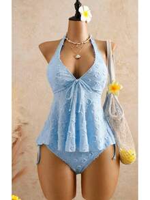 Women's Textured Halter Tankini Set, Two-Piece Swimsuit With Tie-Front Top & High Cut Bottoms - 米白色 - 查看 7