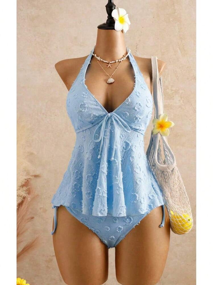Women's Textured Halter Tankini Set, Two-Piece Swimsuit With Tie-Front Top & High Cut Bottoms - 米白色 - 查看 7