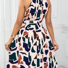 Lady Vestido para mujer con estampado geométrico y lazo en la cintura, para uso en vacaciones de verano - Multicolor - Ver 3