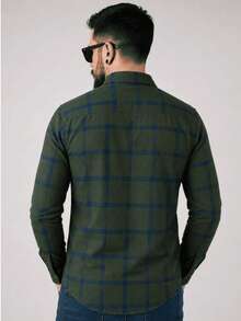 Men's Long-Sleeved Flannel Plaid Shirt - 軍綠色 - 查看 2