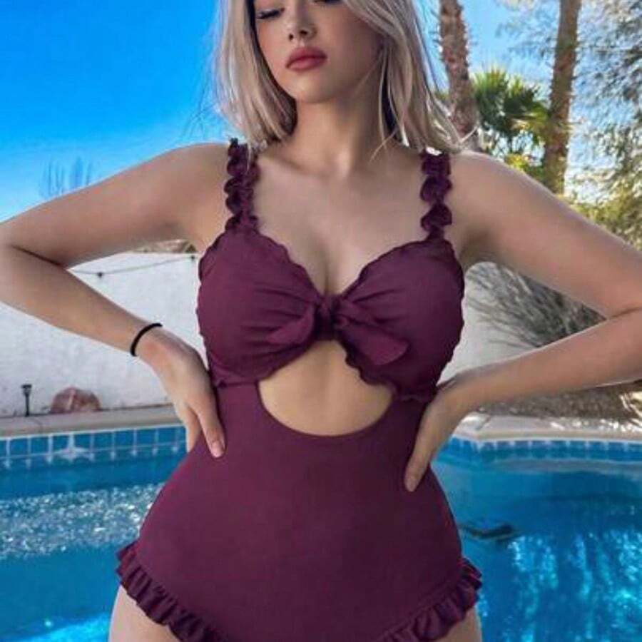 Nana's Women's Clothing Store Swim Mod Traje de baño de una pieza sin tirantes con estampado aleatorio, grueso, inalámbrico, lindo para verano, playa y festivales de estilo boho - Rojo violeta - Ver 1