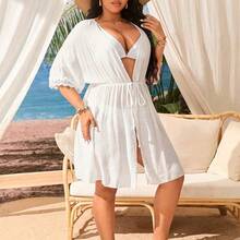dagjydgfyja Swim Lushoire Kimono de talla grande con cordón en la cintura, color liso, para vacaciones y playa - verde menta - Ver 7