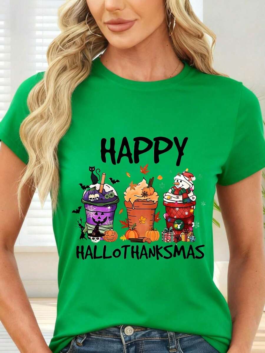 Camiseta de con Estampado de Tazas Temáticas de Halloween Día de Acción de Gracias y Navidad para Fiestas y Ocasiones Especiales - Verde - Ver 1