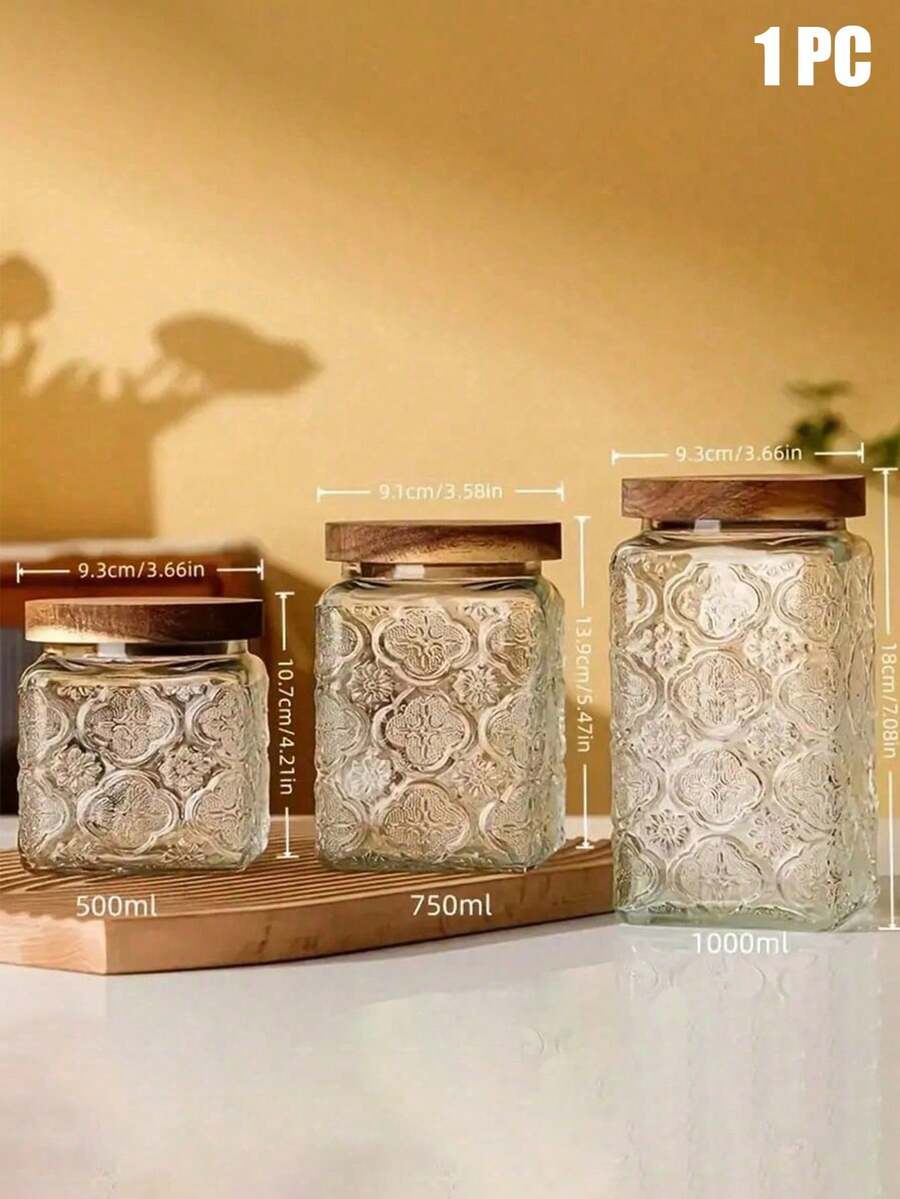 1pc - 500/750/1000ml Square Large Capacity Glass Food Storage Jar Set, With Airtight Clamp Lid, High Borosilicate Heat-Resistant Transparent Sealed Container, Leak-Proof & Moisture-Proof, Suitable For Sugar, Powder, Grains, Coffee Beans, Spices, Cookies, Pasta, Nuts Storage, Stackable To Save Space, With Wooden Sealing Ring Lid, Essential Kitchen & Home Gift - Multicolor - View 1