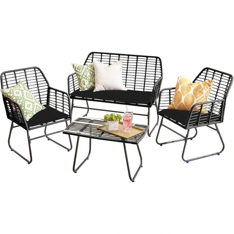 Outdoor Indoor Wicker Rattan Garden Furniture Sofa Chair Table Set With Natural Cushion For Patio Balcony - Black - View 1