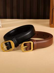 1 pieza/2 piezas Cinturón de mujer con hebilla vintage, cinturón de cuero PU de unicolor casual de moda para mujer, adecuado para jeans y faldas, todas las estaciones - Hebilla cuadrada pequeña de estilo retro - Ver 10