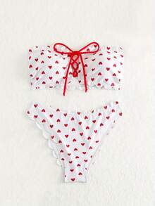 New 2026 Model: Women's Multicolor Ruffled Bikini Swimsuit With Red Heart-Shaped Bow - [White] - View 3