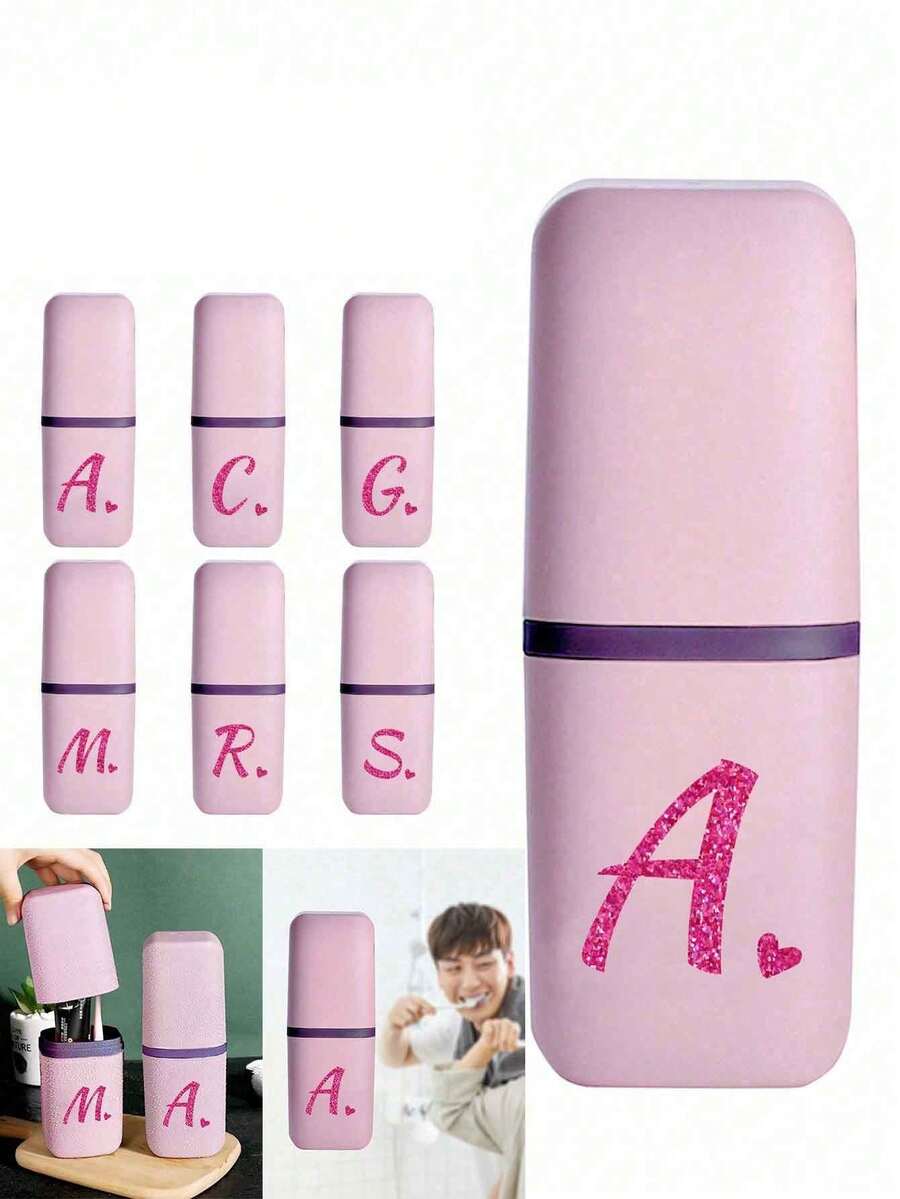 粉紅色牙刷盒，印有26個玫瑰紅閃金字母(A-Z)，可用作層架蓋、浴室配件、戶外旅行牙刷盒、牙膏收納盒、字母系列印花、防塵收納盒、旅行必需品、學校用品、度假露營、度假必需品、夏季短假用品