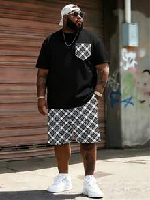 Plus Size Men's 2-Piece Outfit, Men's Street Casual Minimalist Series "Black & White Plaid Faux Pocket" Pattern Sports Set - Polyester Knit Fabric, Crew Neck Design, Drawstring Shorts, Pocket Details, Regular Fit, Suitable For Plus Size Body - Black - View 4