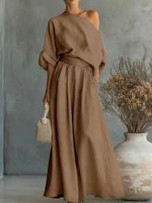 Women's One Shoulder Loose Top And Wide Leg Pants Two-Piece Set, With A Simple And Elegant Style, Perfect For City Exploration And Exquisite Travel - Dark Brown - View 1