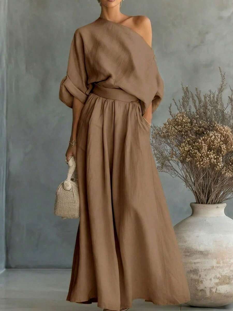Women's One Shoulder Loose Top And Wide Leg Pants Two-Piece Set, With A Simple And Elegant Style, Perfect For City Exploration And Exquisite Travel - Dark Brown - View 1
