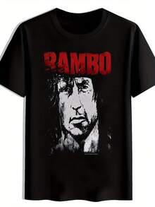 RAMBO T-Shirt mit rotem, kräftigem Aufdruck, Sommer, Rundhals-Kurzarmshirt, lässiges Alltags-Oberteil, Herrenbekleidung - Schwarz - Übersicht 2