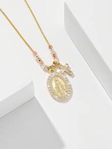 1pc European & American Style Handmade Copper Bead Triple-Color Electroplated Catholic Virgin Mary Cross Pendant Necklace, Suitable As Gift For Lovers, Friends, And For Daily/Festival Wear And Prayer - Yellow Gold - View 14