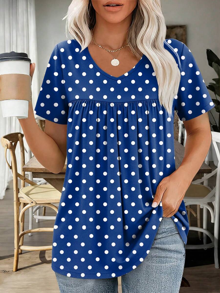 Kaos Wanita Ukuran Besar Motif Polkadot Model Kerut Kasual Lengan Pendek Leher V untuk Liburan Musim Panas - Biru - View 1