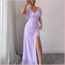 Women's Light Purple V-Neck Ruffle Sleeve Pleated Waist Split Dress, Elegant Bridesmaid Dress, Party Gown, Spring/Summer - Rosa - Ver 7