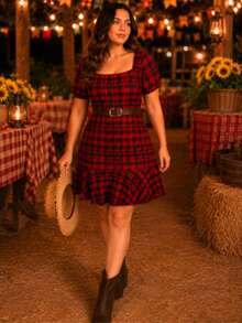 Plus Size Checkered Dress With Square Neckline And Short Sleeves For June Festival (São João) - 紅色和黑色 - 查看 10