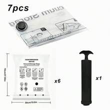 7-Piece Set Includes 6 Vacuum Storage Bags, With Manual Air Pump, Airtight Compression Sealing Bags, Rectangular Shape, Durable Plastic Material, Buckle Closure, Multi-Purpose, Suitable For Clothing, Bedding, Pillows, Blankets, Storage Containers - Multicolor - View 10