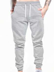 Fleece-Lined Jogger Pants, Skinny Slim Fit, For Weight Training, Winter, Gym, Fitness, With Pocket, Unisex, All Sizes: Winter, Autumn/Spring/Summer, Autumn/Spring/Summer - 灰色 - 查看 1