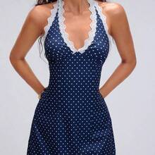 wsb   - Colección de ropa femenina de moda  Vestido estilo evasé de encaje con escote halter de lunares azul marino para uso casual/diario en verano - Azul marino - Ver 5