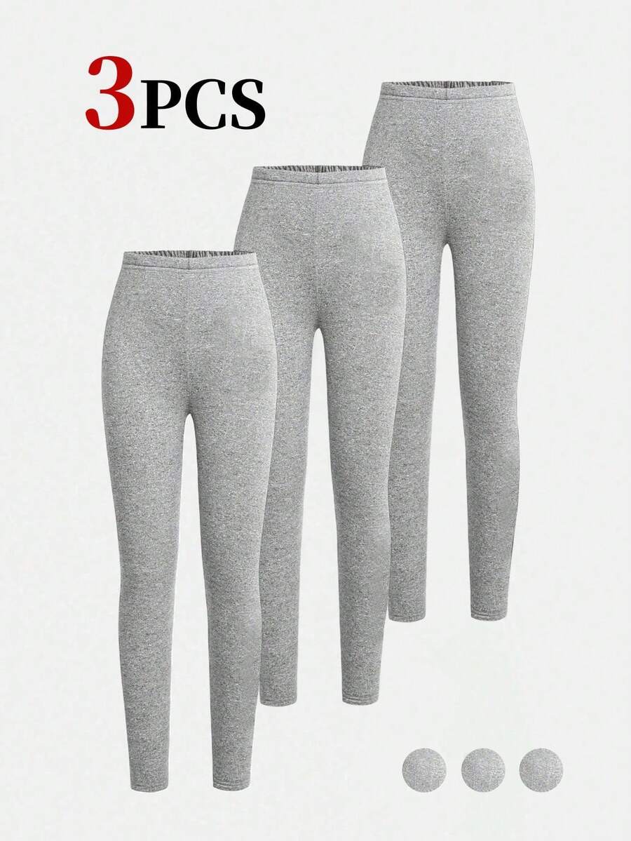 3pcs/Set Teen Girls Solid Color Basic Sports Leggings Slim Fit Athletic Pants Suitable For Spring, Autumn, Summer, Can Be Layered Or Matched - Grey - View 1