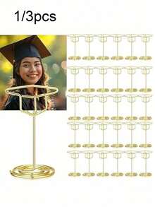 1/3 piezas Soporte para número de mesa con forma de birrete de graduación, clip de exhibición de birrete de graduación, soporte multifuncional para tarjetas de presentación y clip de notas con forma de birrete de graduación dorado, adecuado para fiesta de graduación, boda, fiesta de cumpleaños - Multicolor - Ver 1