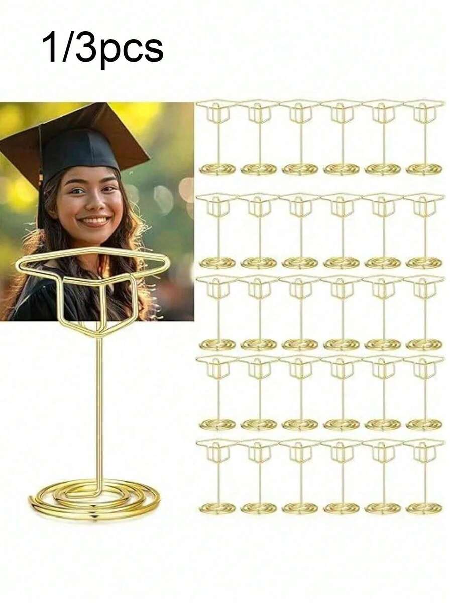 1/3 piezas Soporte para número de mesa con forma de birrete de graduación, clip de exhibición de birrete de graduación, soporte multifuncional para tarjetas de presentación y clip de notas con forma de birrete de graduación dorado, adecuado para fiesta de graduación, boda, fiesta de cumpleaños - Multicolor - Ver 1