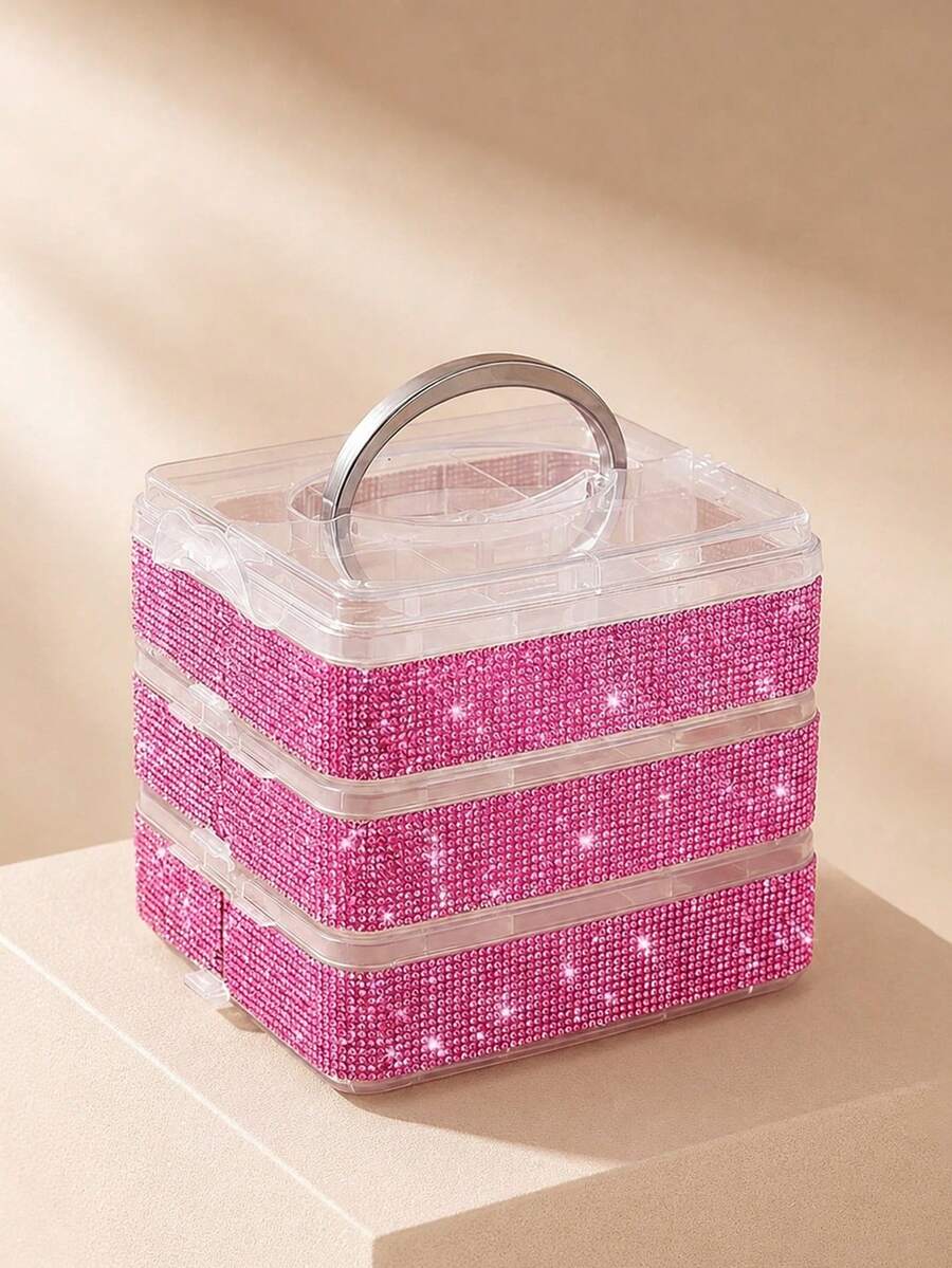 Rhinestone Decorated 3-Layer 18-Compartment Detachable Handheld Storage Box, Hardware Tool Organizer, Contact Lens Storage Case - Multicolor - View 1
