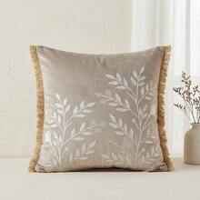 Französischer Landhausstil Vogel-Stickerei Kissenbezug, Vintage Botanik Blumen Kissenbezug mit Quastenbesatz, Shabby Chic Salbeigrün & Beige Heimdekoration, 1 Stück - Anthrazitgrau - Übersicht 8