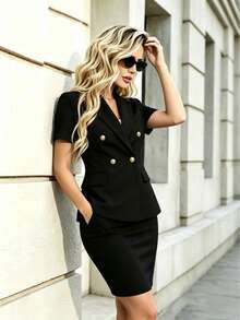 Áo blazer nữ màu trơn bằng polyester, áo khoác công sở đa năng thời trang, không tay, màu đen, thích hợp cho mùa xuân/thu/hè. - màu đen - Xem 4