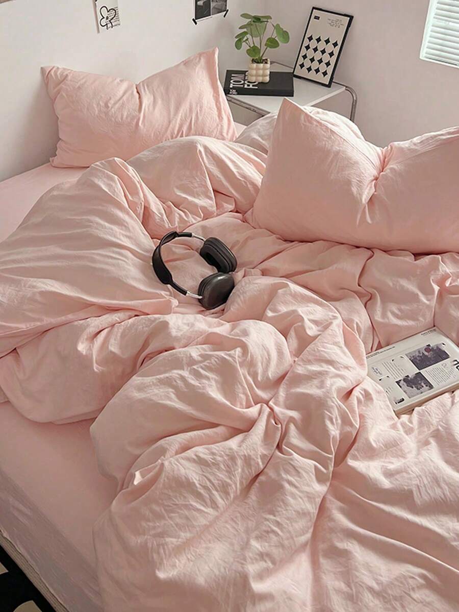 Blue And White Color-Block Washed Polyester Fiber Skin-Friendly 3 PiecesDuvet Cover Set - Baby Pink - View 1