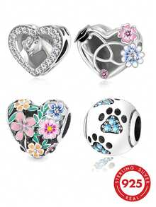 1pc S925 Sterling Silver Heart Large Hole Bead, Horse, Stethoscope, Flower, Paw Print, Colorful Zirconia Resin DIY Bracelet Silver Jewelry Accessory - Silver - View 2