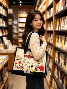 1個 Snoopy "SNOOPY" 字母印花帆布斜背包，可愛美學休閒風格，輕巧大容量日常托特包，可重複使用布料，適合花生漫畫迷、通勤、野餐、短途旅行和跑腿 - A - 查看 9