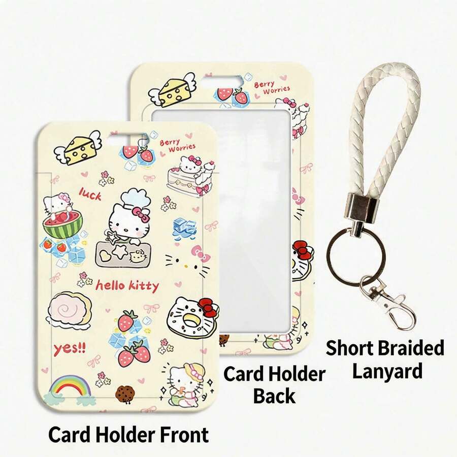 MINISO 可愛三麗鷗 Hello Kitty 角色直式滑動卡套,附掛繩或編織皮革掛繩的動漫 ID 識別證套,開學季送給青少年女孩學生的禮物 - 樣式 1 - 查看 1