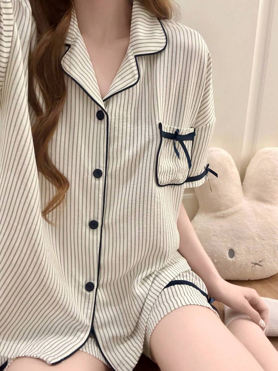 2pcs/Set Women's Pajama Loungewear Set, Lapel Cardigan Vertical Striped Print With Chest Pocket And Bow Decor, Simple Short Sleeve Shorts, Suitable For Spring And Summer - Black and White - View 1