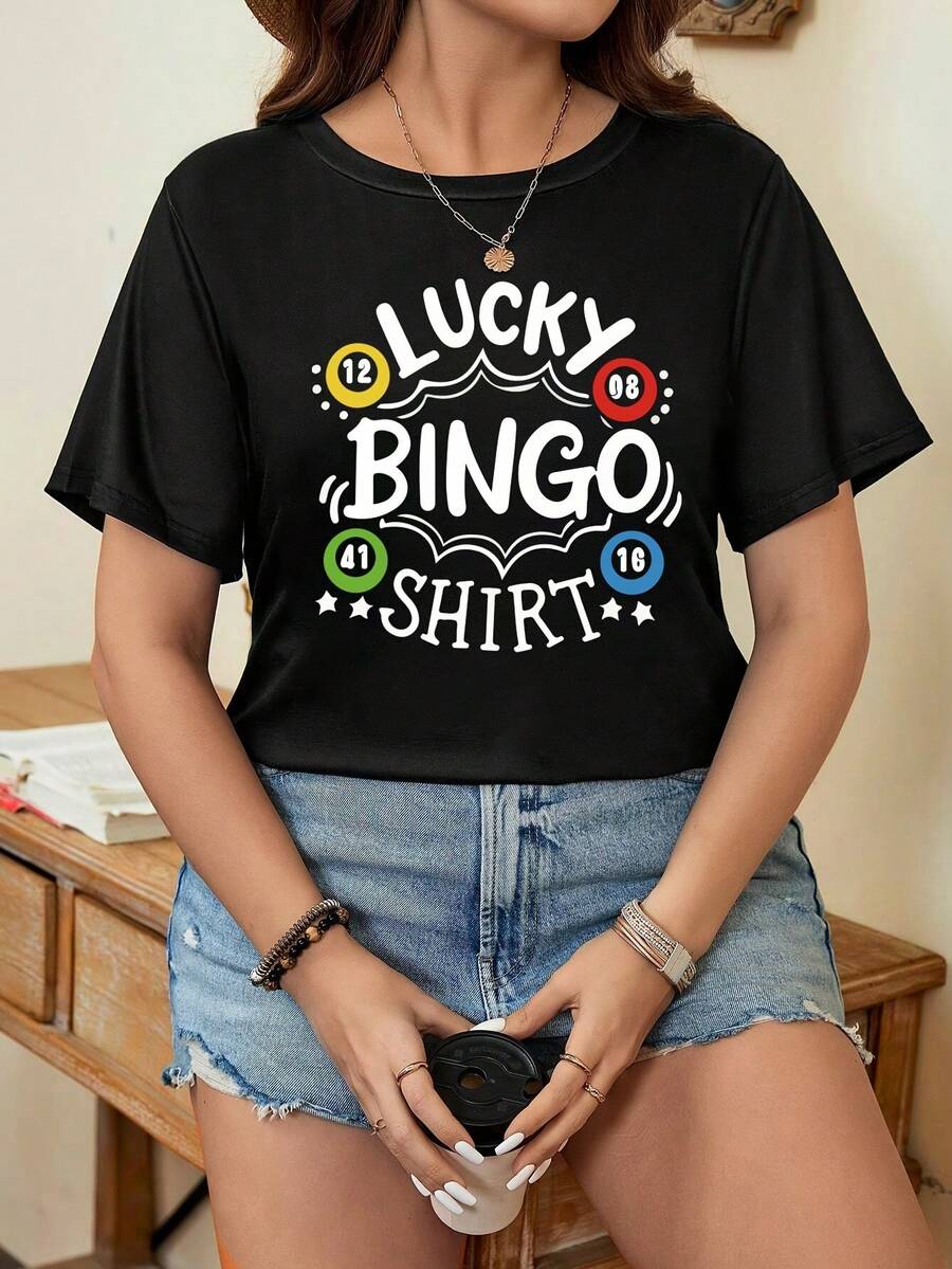 Plus Size - Plus Size - Plus-Size Women'S Round Neck Short-Sleeve T-Shirt For Summer, Featuring A Loose Fit With A Print That Says 'Lucky Bingo'. This Oversized Casual T-Shirt Is - 後退 - 查看 1